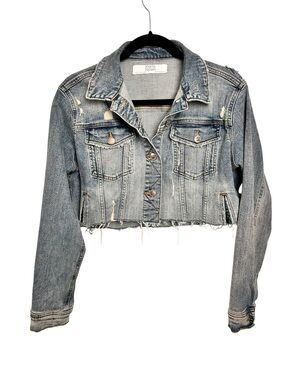 Zara distressed cropped jean jacket, XS, light wash denim